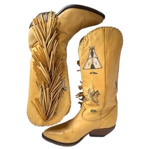 Rare Zodiac Hand Painted Cowboy Fringe Boots Wild West Unique Limited Edition